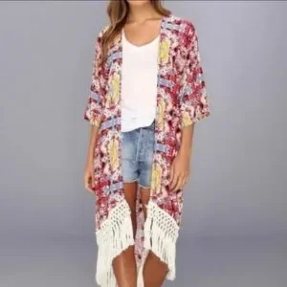 Womens Minkpink Red White Blue Garden Floral Open Boho Kimono Top XS/S *